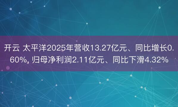 开云 太平洋2025年营收13.27亿元、同比增长0.60%， 归母净利润2.11亿元、同比下滑4.32%