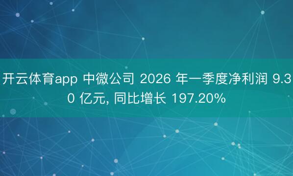 开云体育app 中微公司 2026 年一季度净利润 9.30 亿元， 同比增长 197.20%